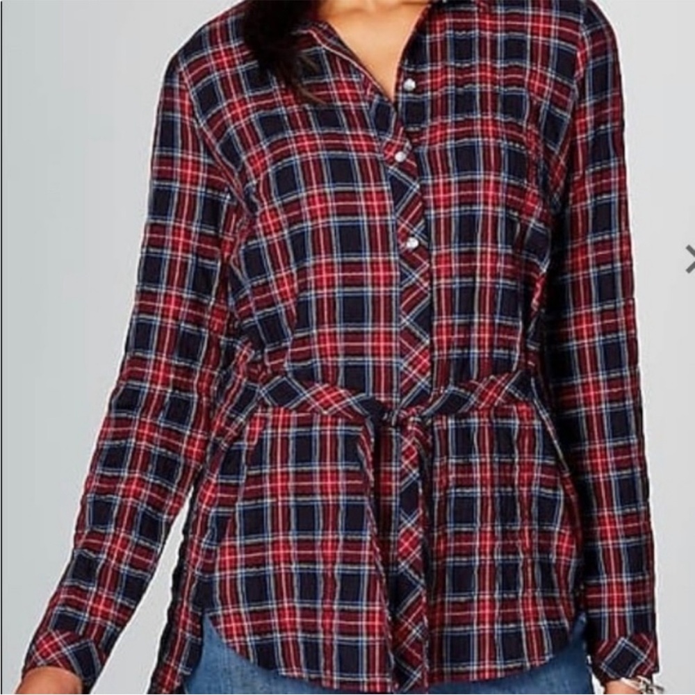 J. Jill Plaid Tie Waist Shirttail Hem Button-Up Women's Top